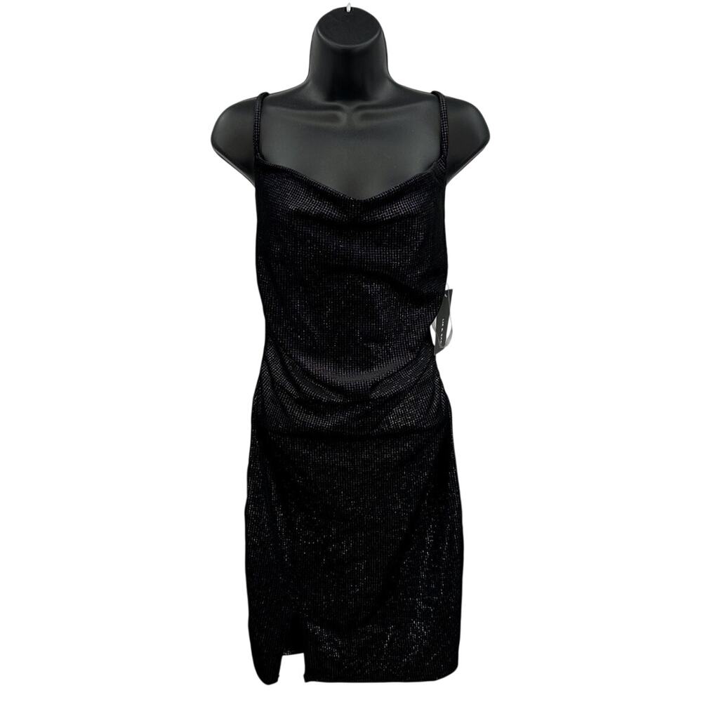 Liz & Zara Slip Dress Womens SZ L Black Shimmery Cami Cowl Neck Y2K Ruched Party